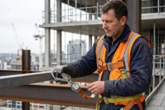 Travailleur en hauteur portant un harnais de sécurité et fixant une longe de maintien au poste sur une structure métallique de chantier