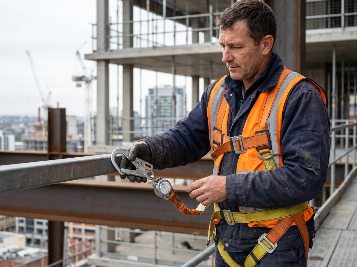 Travailleur en hauteur portant un harnais de sécurité et fixant une longe de maintien au poste sur une structure métallique de chantier