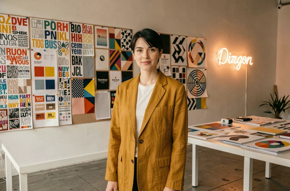 Directrice créative de Maad Dijon devant un mur de références visuelles colorées et de maquettes branding