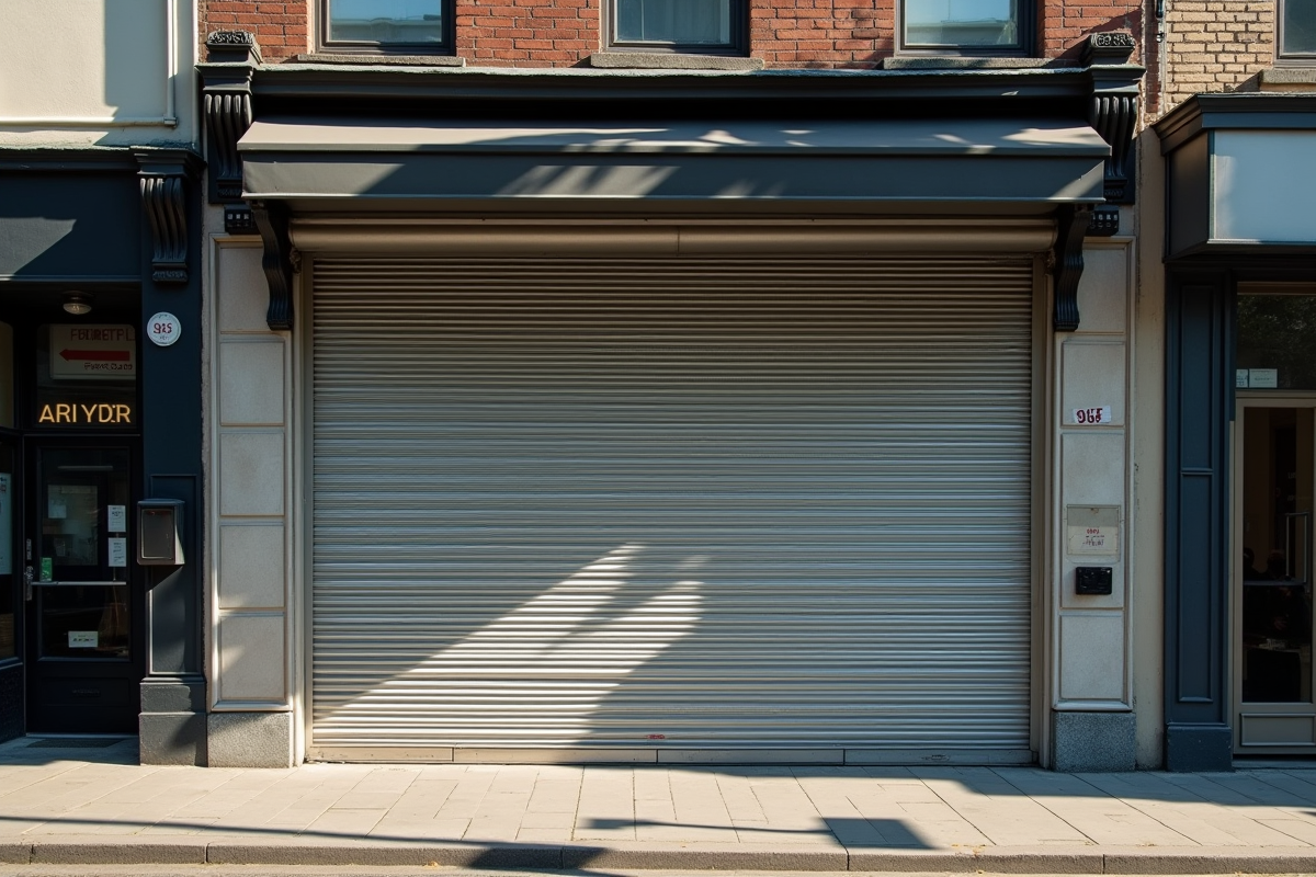 Magasin fermé avec panneau a vendre en matinée en ville