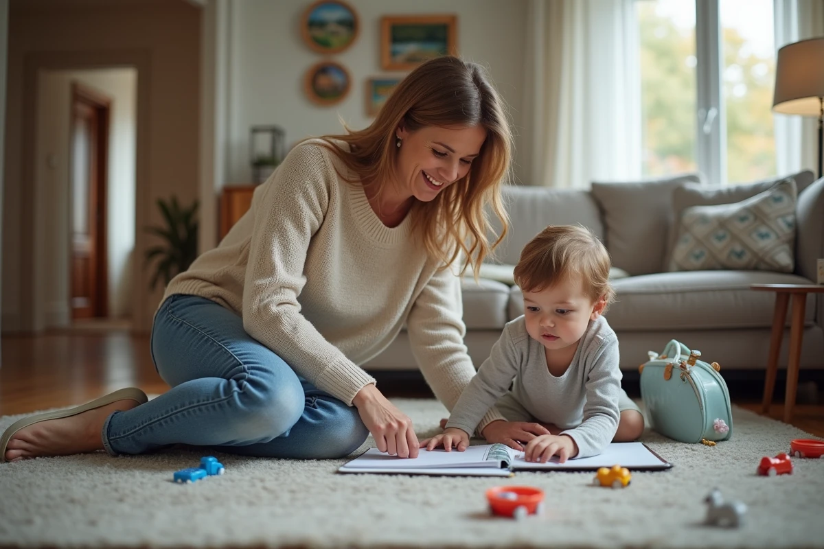 Maman joue avec ses enfants sur le tapis du salon