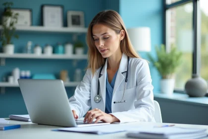 Medecin femme en blouse blanche dans un bureau lumineux