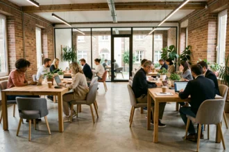 Vue panoramique d'un espace de coworking moderne en Seine-et-Marne avec des professionnels au travail