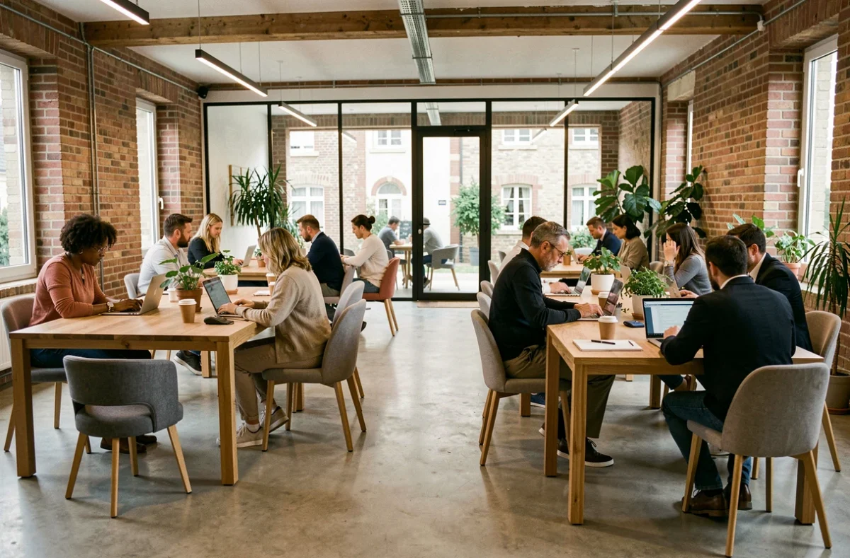 Vue panoramique d'un espace de coworking moderne en Seine-et-Marne avec des professionnels au travail