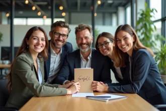 Groupe de collègues souriants tenant une carte d'adieu dans un bureau moderne, illustrant un message de départ chaleureux