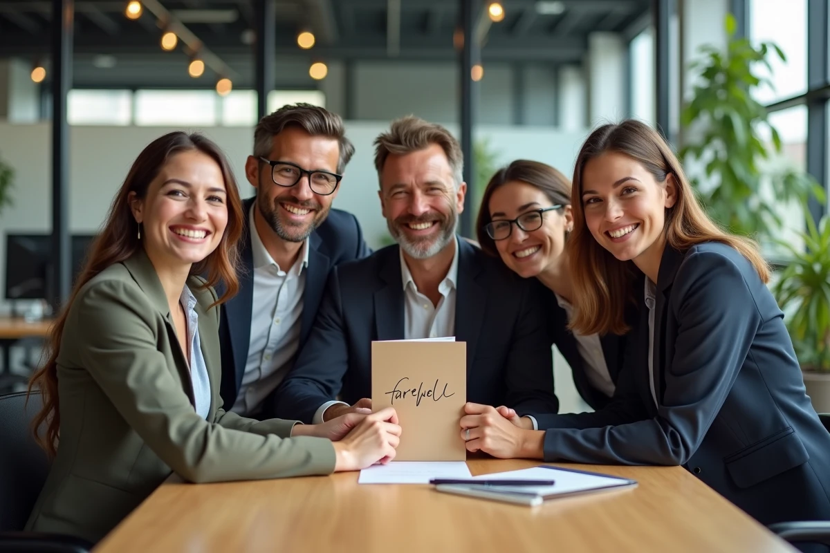 Groupe de collègues souriants tenant une carte d'adieu dans un bureau moderne, illustrant un message de départ chaleureux