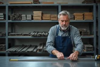 Professionnel en quincaillerie mesurant une barre de fer plate avant une commande au détail