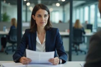 Femme cadre en négociation salariale face à un recruteur dans un bureau moderne, illustrant les zones d'ombre du salaire en bug four