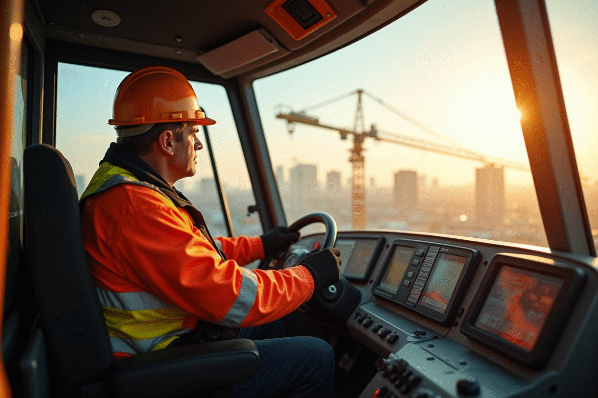 Opérateur de grue dans la cabine avec vue sur la ville