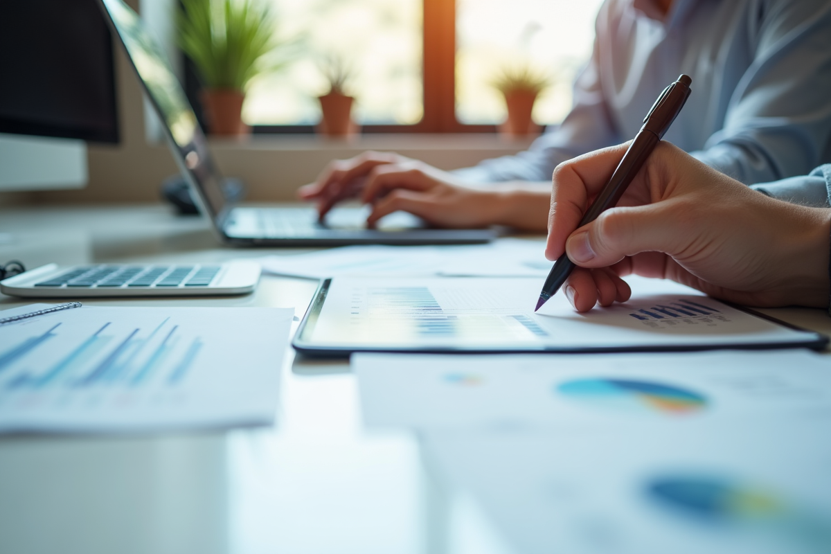 Mains organisant des documents financiers avec une tablette sur un bureau lumineux