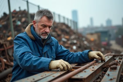 Ouvrier inspectant des déchets métalliques recyclés