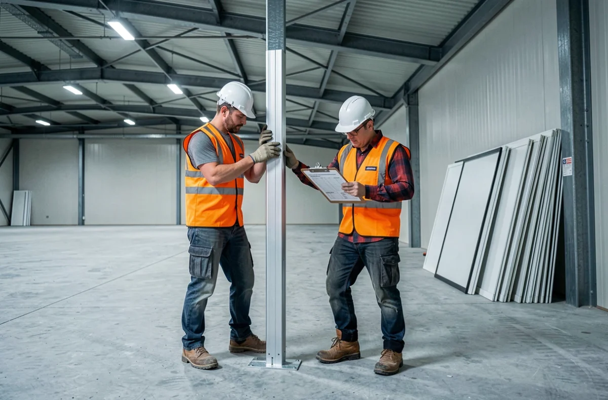 Ouvriers assemblant une structure de salle de réunion modulaire démontable dans un bâtiment commercial à Lille