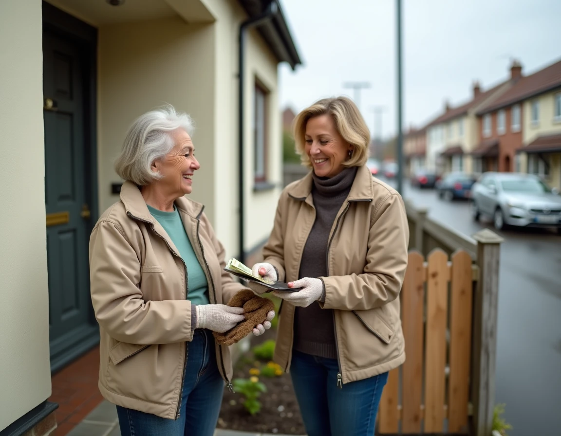 Deux femmes échangeant un paiement en espèces devant une maison pour un service de jardinage entre particuliers, illustrant la rémunération d'un service occasionnel