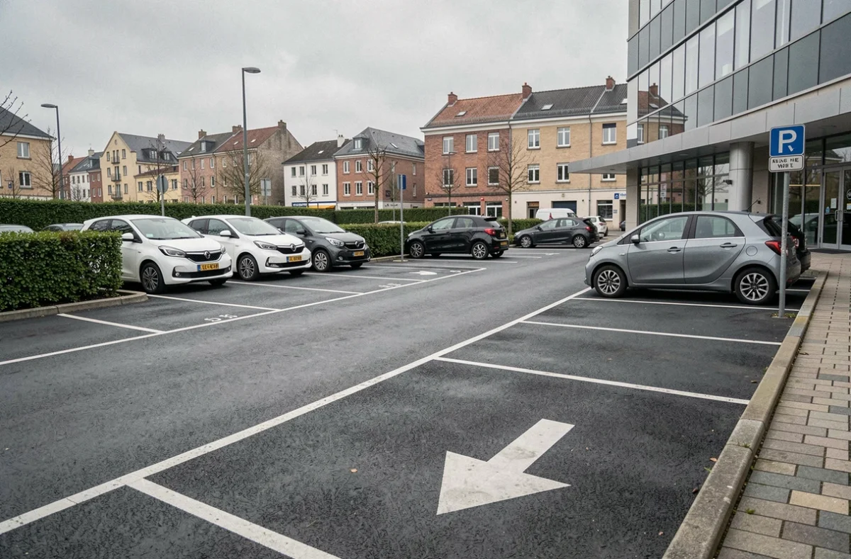 Parking accessible devant un bâtiment multiservices à Rennes avec marquages au sol et signalisation