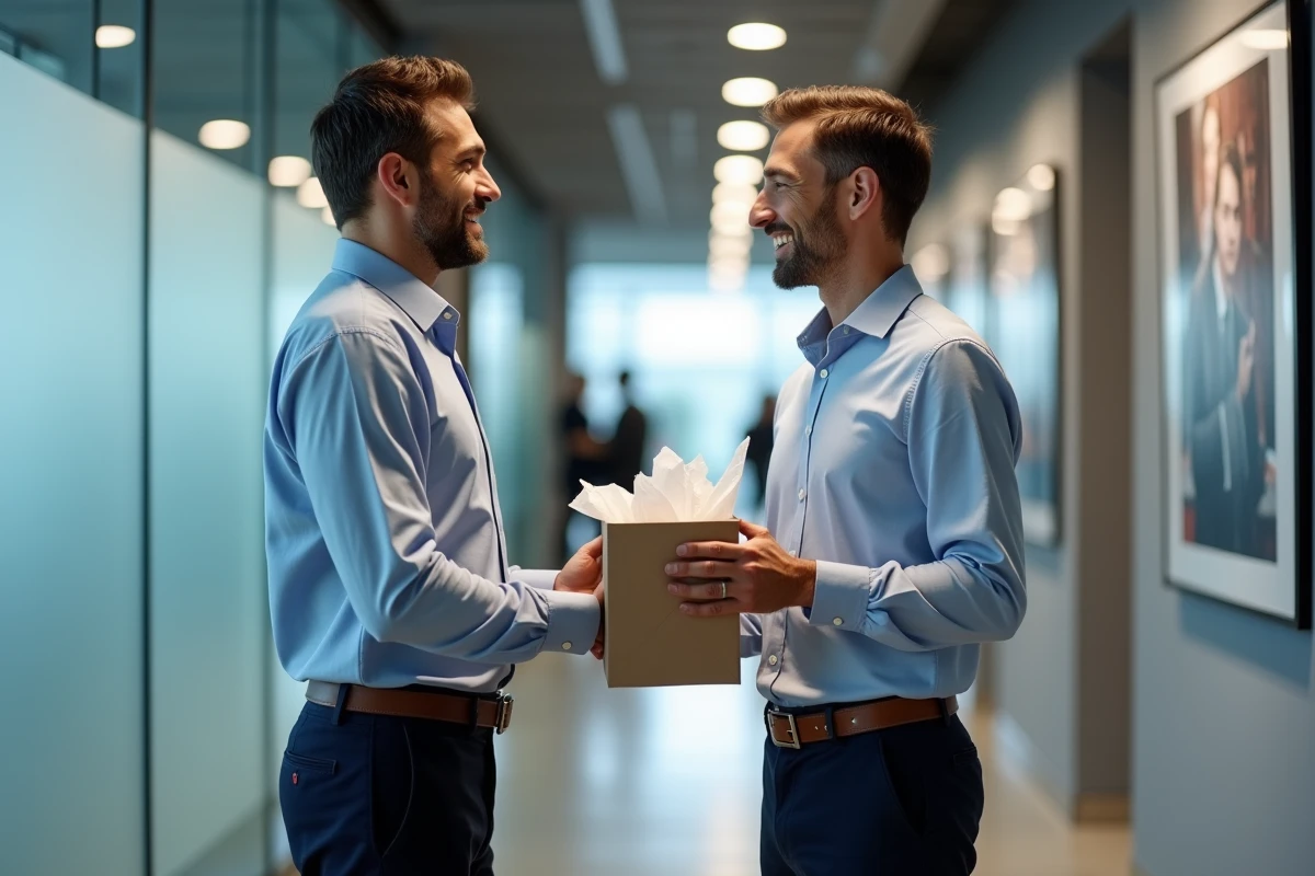 Deux collègues masculins se serrant la main dans un couloir de bureau lors d'un départ, avec un sac cadeau symbolisant les adieux professionnels