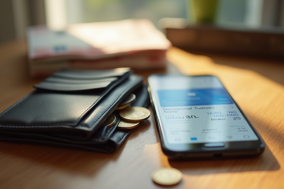 Portefeuille ouvert avec monnaie et smartphone affichant un solde de 1900 euros