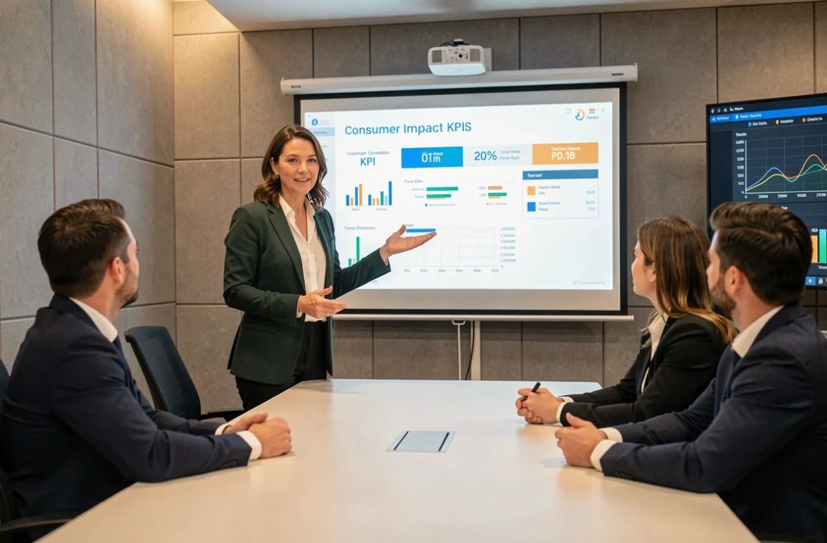 Responsable marketing présentant des indicateurs d'impact consommateur à une équipe sales lors d'un atelier interne