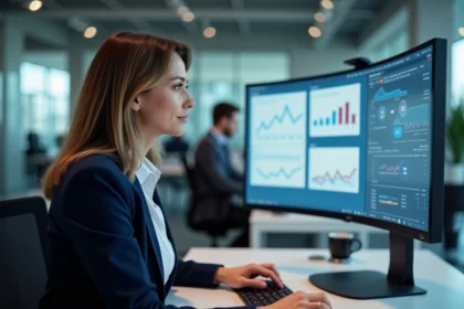 Professionnelle utilisant un portail métier sur un écran courbe dans un open-space d'entreprise moderne