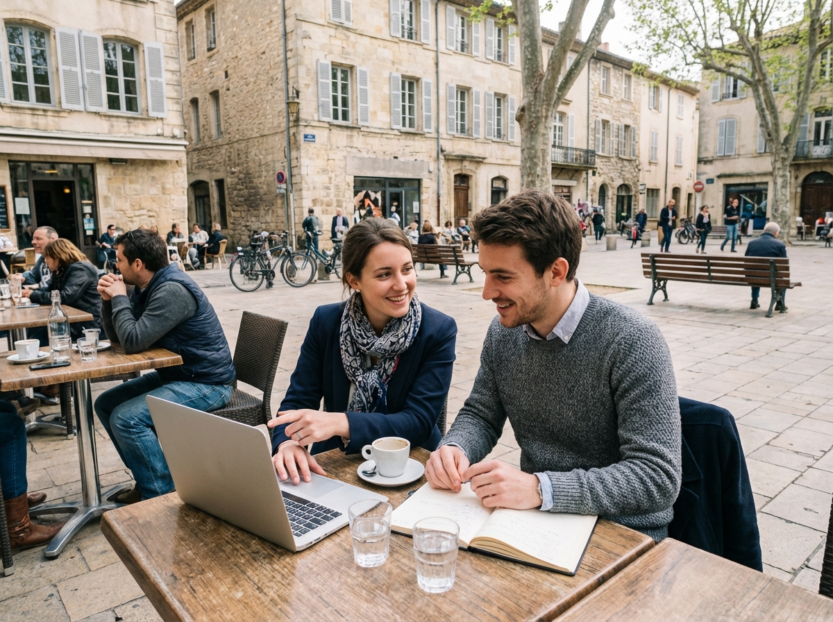Deux professionnels discutant dans un café en plein air