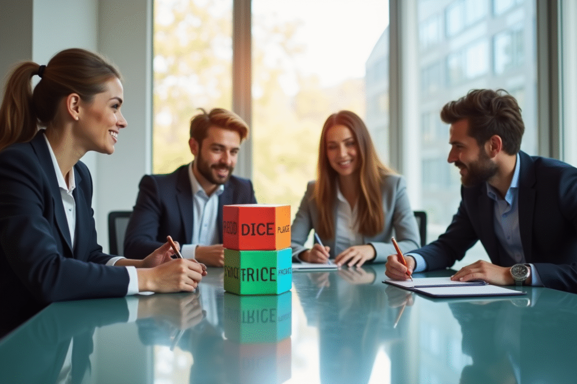 Quatre professionnels autour d'une table moderne avec cubes marketing
