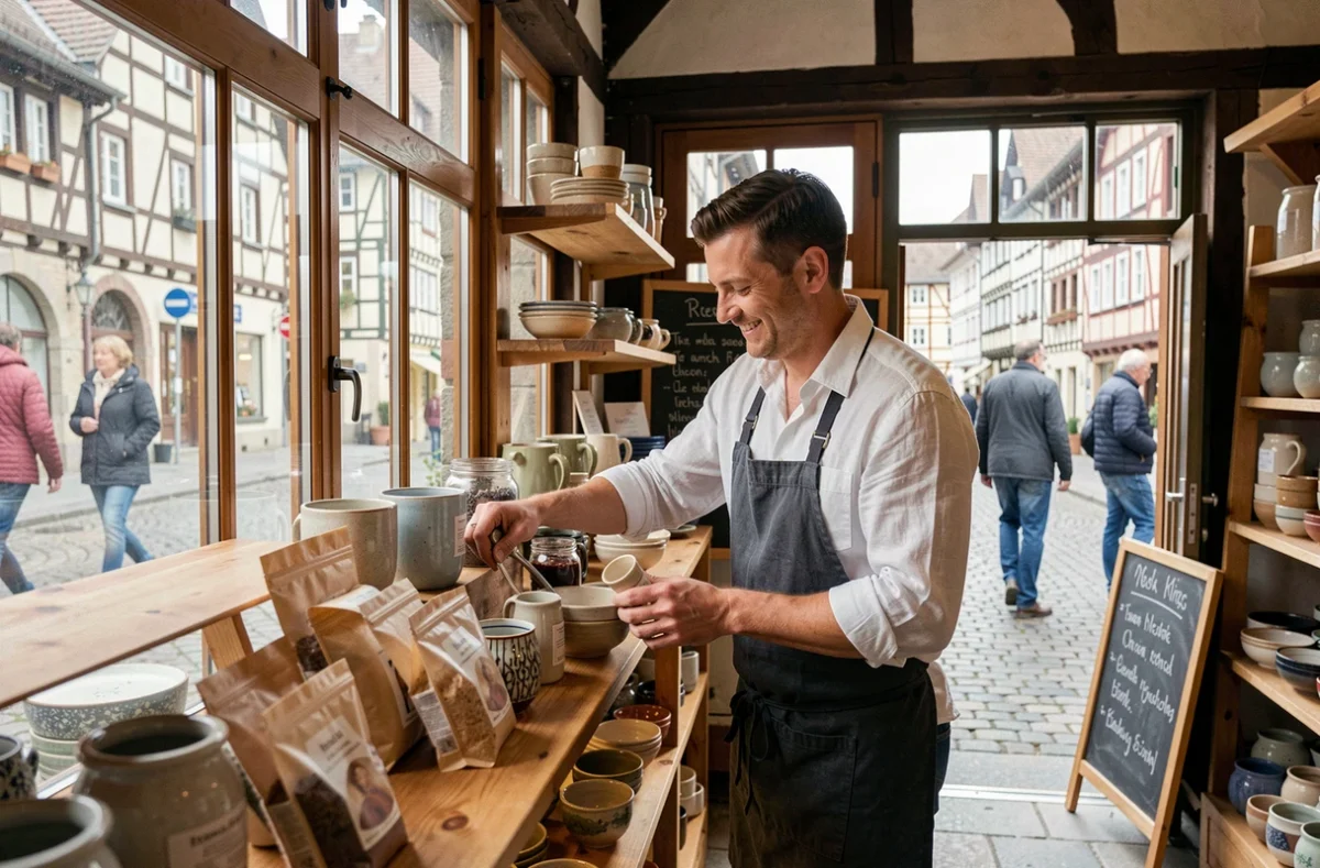 Propriétaire de commerce alsacien présentant ses produits artisanaux dans une boutique à colombages traditionnelle