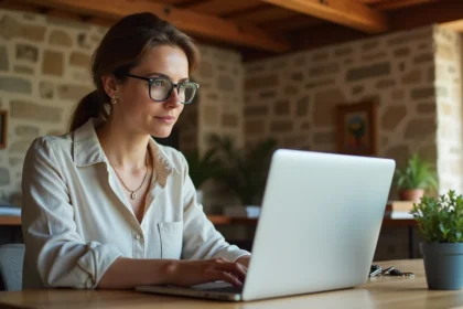 Propriétaire de gîte utilisant un logiciel de gestion de location meublée sur ordinateur portable dans un bureau rustique en pierre