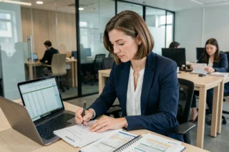 Professionnelle analysant le fichier des mairies pour sa prospection locale après les élections municipales 2026