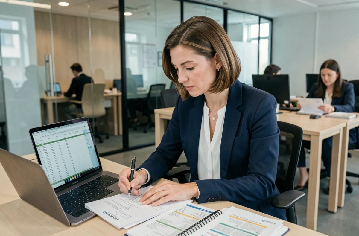 Professionnelle analysant le fichier des mairies pour sa prospection locale après les élections municipales 2026