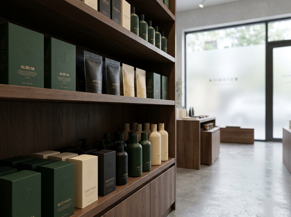 Rayonnage de boutique haut de gamme avec des emballages produits aux couleurs cohérentes, démontrant l'impact du packaging sur l'image d'une marque en point de vente