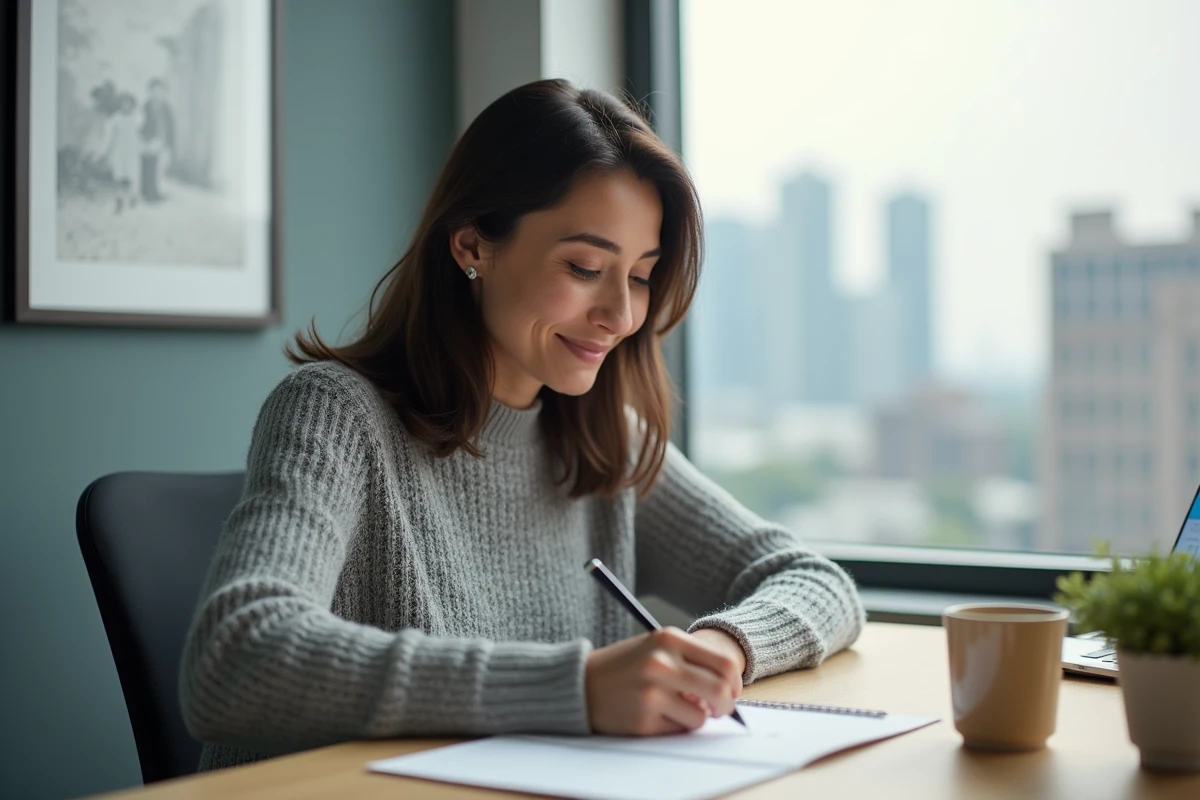 Femme rédigeant un message de départ manuscrit dans une carte d'adieu à son bureau, ambiance professionnelle et sincère
