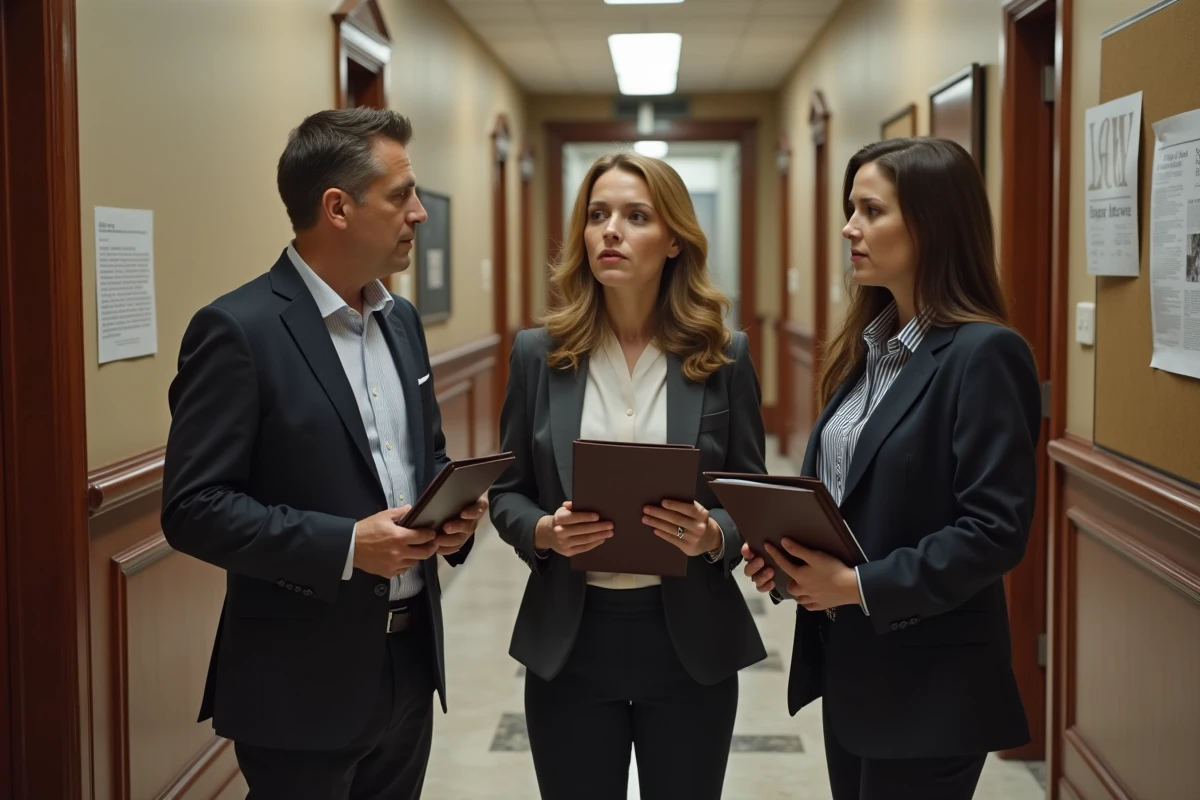 Trois personnes discutant dans un hall de tribunal