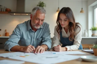 Couple attentif à la planification de rénovation maison