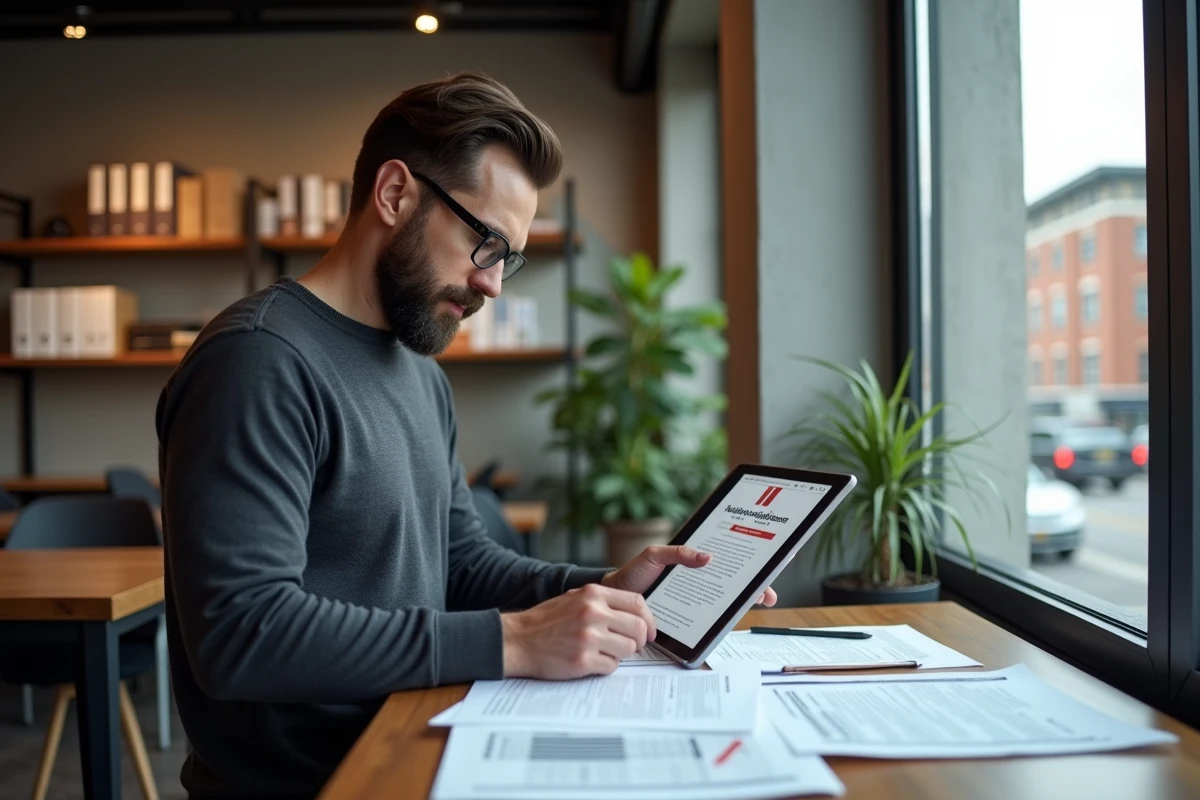 Représentant syndical RATP consultant des documents du CE RDS dans un espace de travail moderne