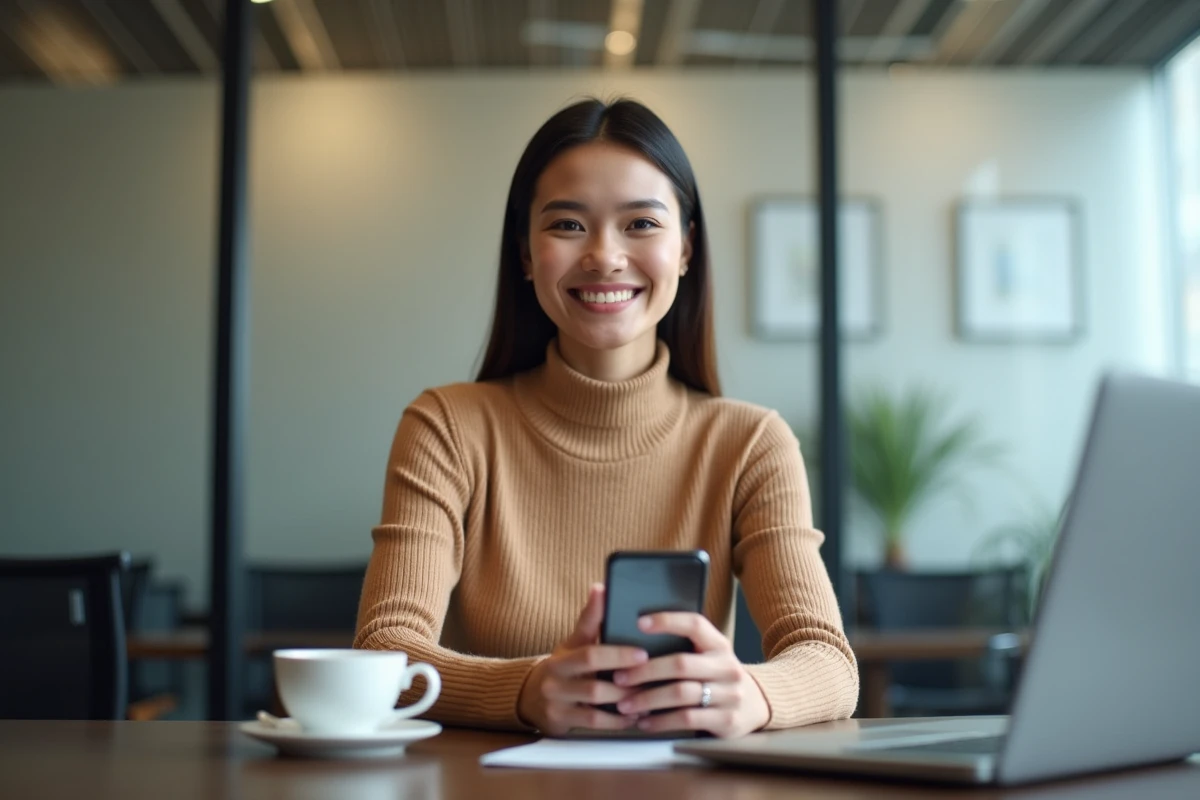 Jeune professionnelle gérant la réservation d'une salle de réunion depuis son téléphone dans un centre d'affaires