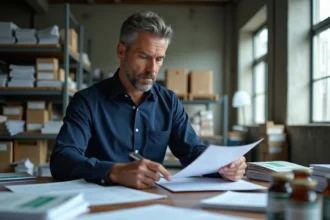 Responsable des approvisionnements industriels analysant des catalogues de produits Nitrofer dans un bureau moderne avec vue sur entrepôt