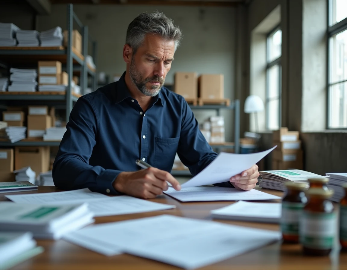 Responsable des approvisionnements industriels analysant des catalogues de produits Nitrofer dans un bureau moderne avec vue sur entrepôt