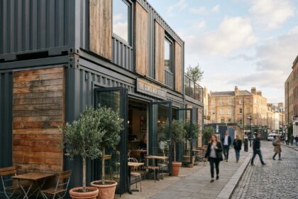 Restaurant aménagé dans des containers maritimes empilés avec terrasse urbaine et portes vitrées ouvertes