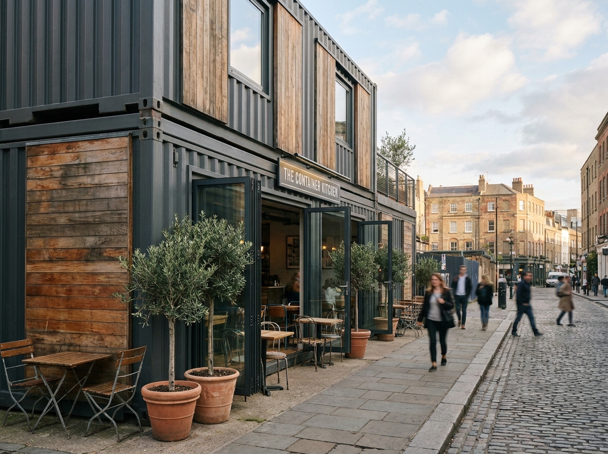Restaurant aménagé dans des containers maritimes empilés avec terrasse urbaine et portes vitrées ouvertes