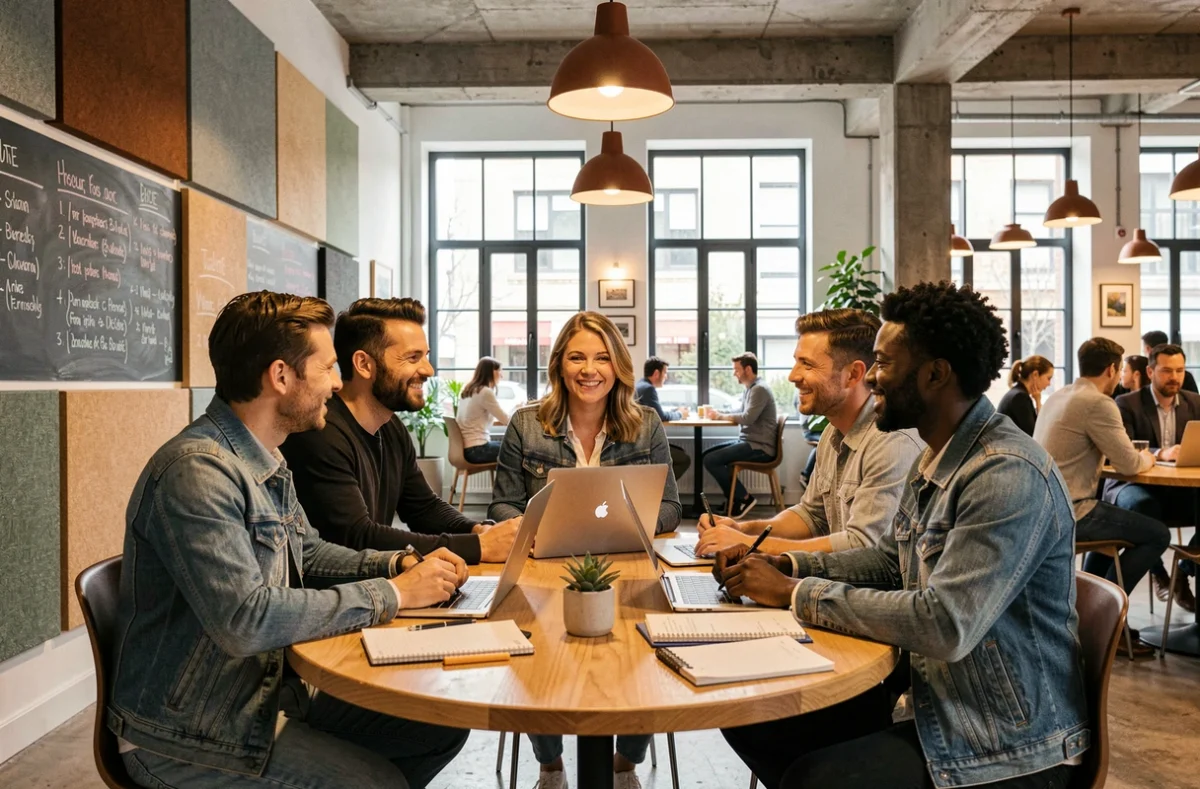 Groupe de professionnels en réunion collaborative dans un espace de coworking à Reims