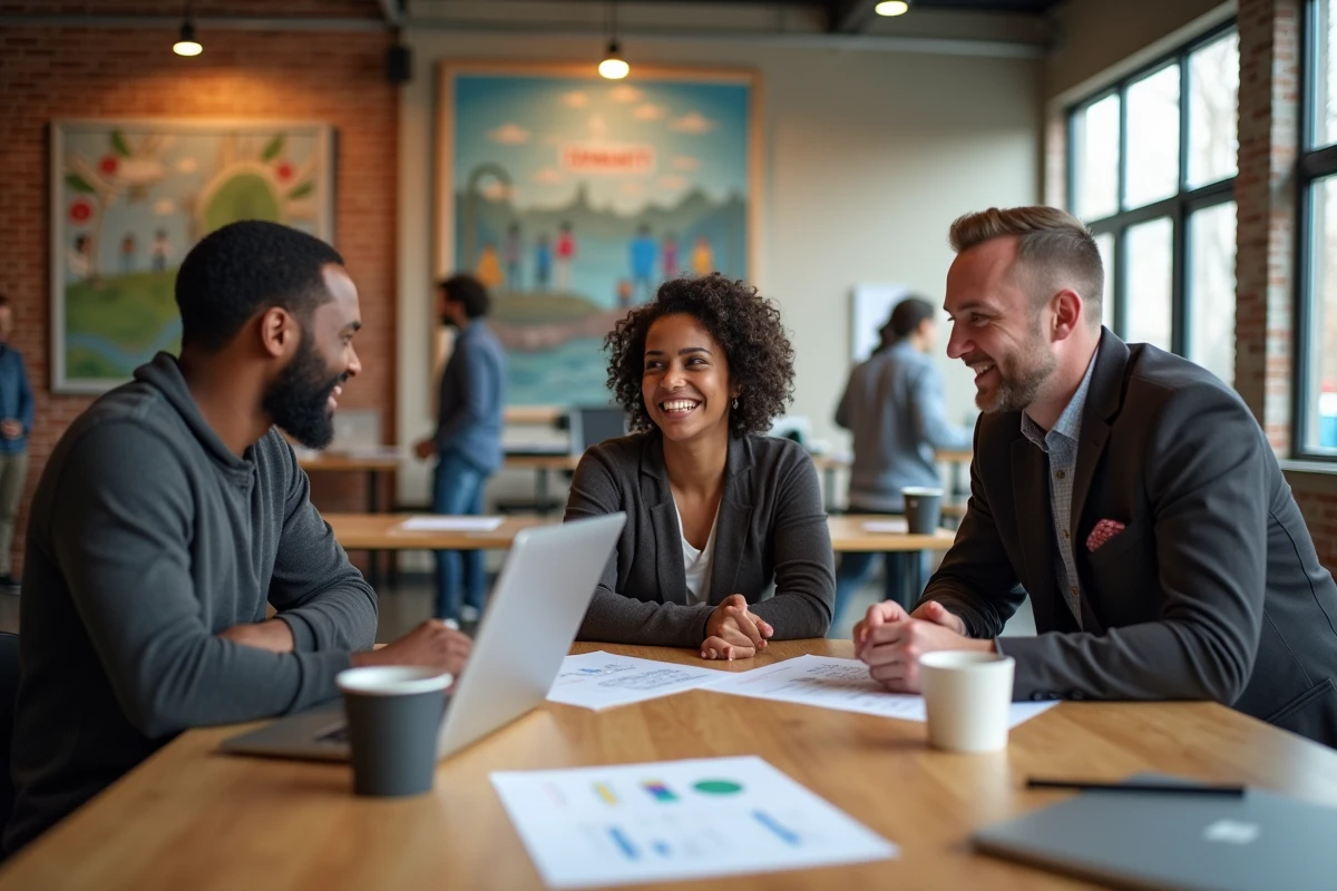 Jeunes entrepreneurs en réunion de travail collaboratif dans un incubateur de quartier prioritaire