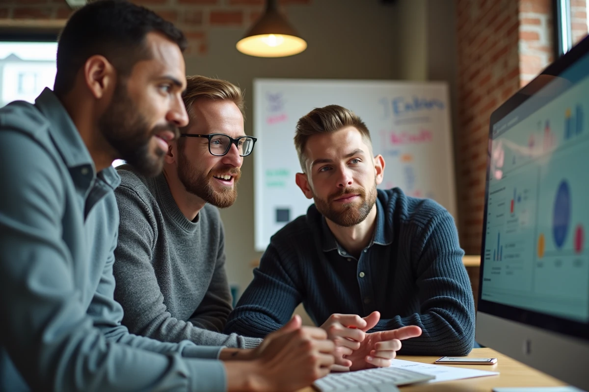 Trois collègues discutant autour d un écran dans un espace de coworking