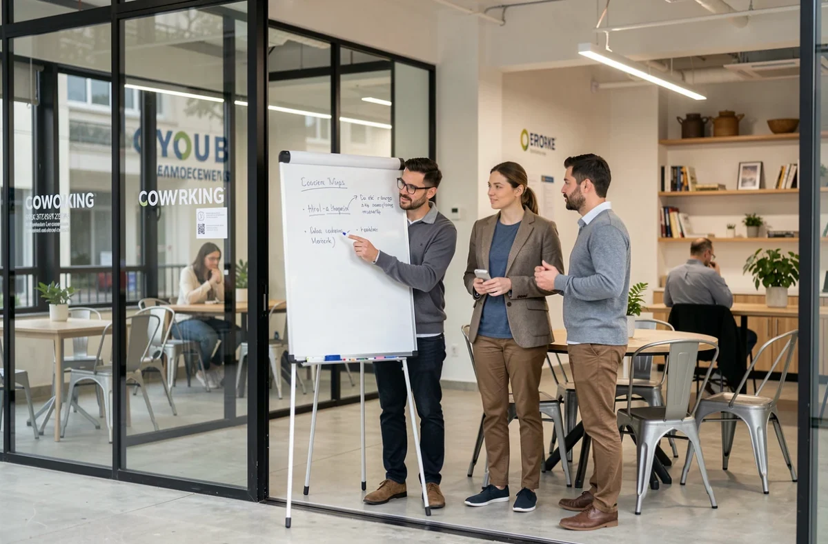 Réunion collaborative dans une salle de coworking vitrée à Évreux avec tableau blanc et professionnels en discussion