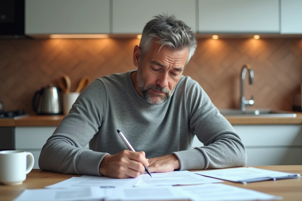 Salarié analysant ses documents d'employeur sur la table de sa cuisine avec des notes manuscrites