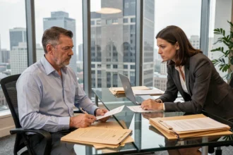 Salarié déclaré inapte rencontrant un responsable RH dans un bureau d'entreprise moderne, tenant un document médical
