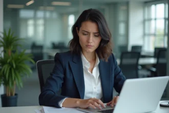 Salariée lisant attentivement des documents RH sur son ordinateur portable dans un bureau en open space