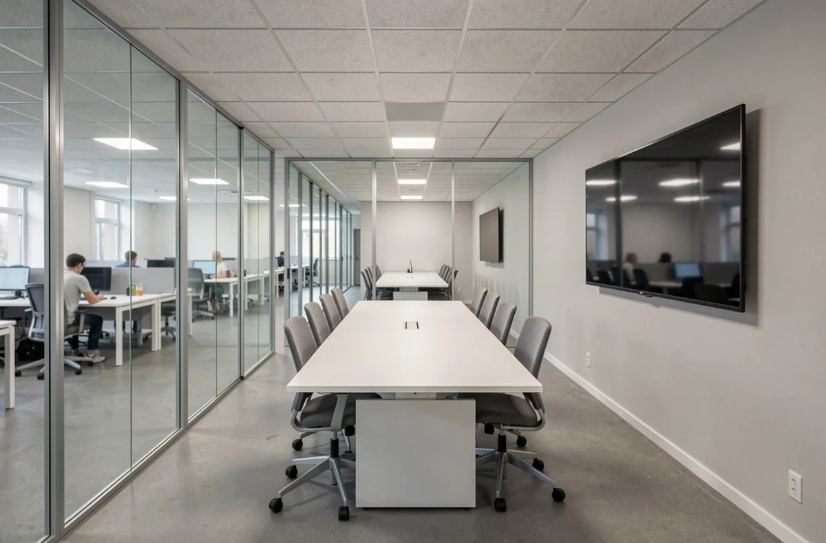 Salle de réunion modulaire démontable installée dans un espace de bureaux contemporain à Lille