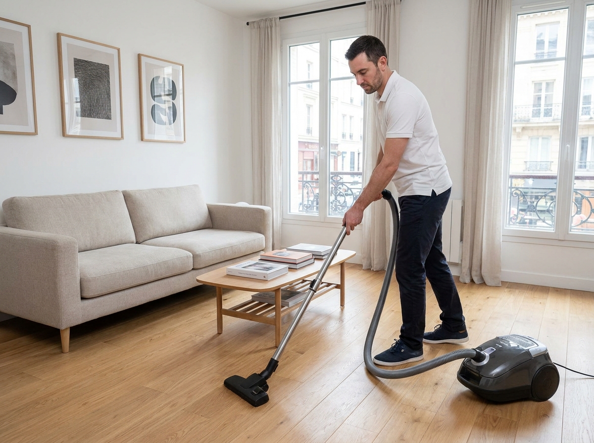 Agent d'entretien masculin passant l'aspirateur dans un salon moderne et lumineux lors d'un service de ménage à domicile à Puteaux
