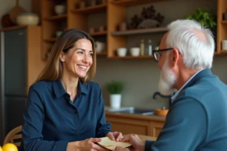 Femme remettant une enveloppe à un homme âgé en échange d'un service rendu à domicile, illustrant une transaction de particulier à particulier en toute légalité fiscale