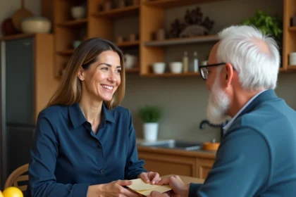 Femme remettant une enveloppe à un homme âgé en échange d'un service rendu à domicile, illustrant une transaction de particulier à particulier en toute légalité fiscale