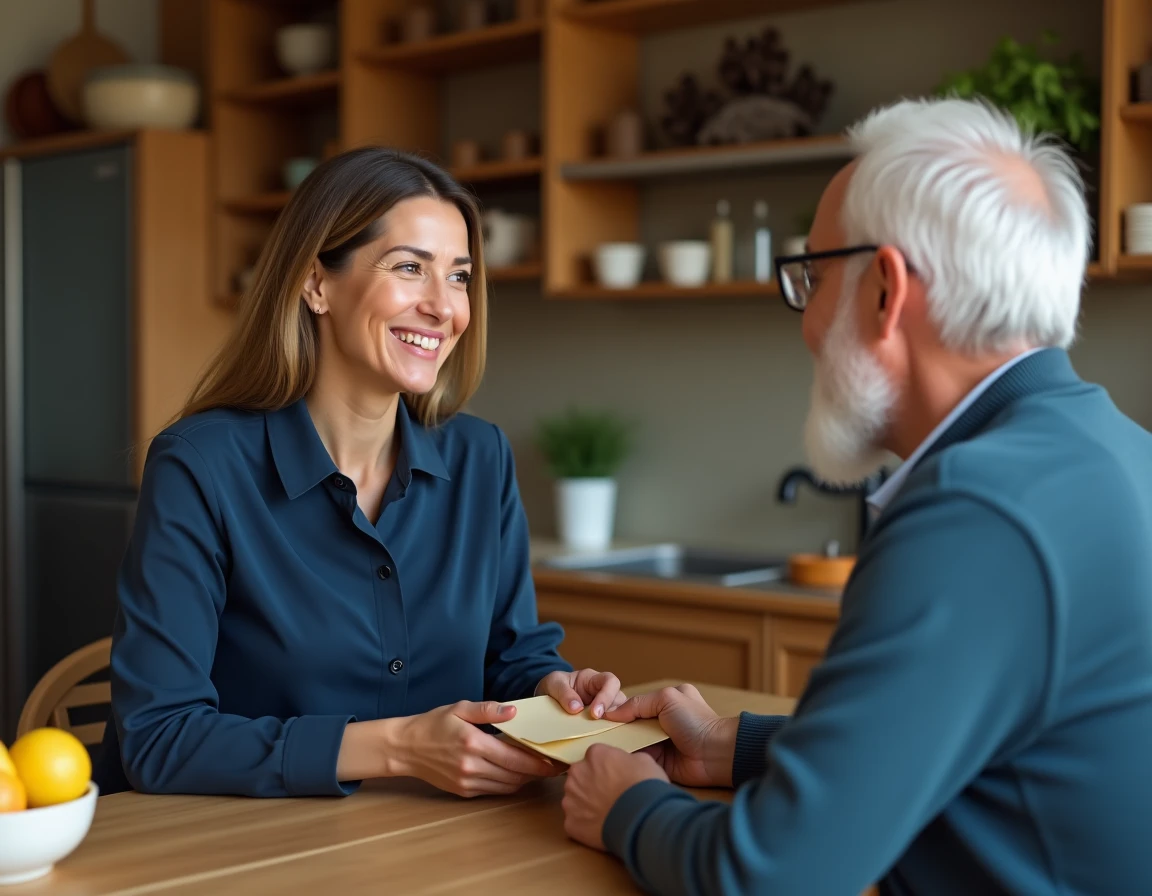 Femme remettant une enveloppe à un homme âgé en échange d'un service rendu à domicile, illustrant une transaction de particulier à particulier en toute légalité fiscale
